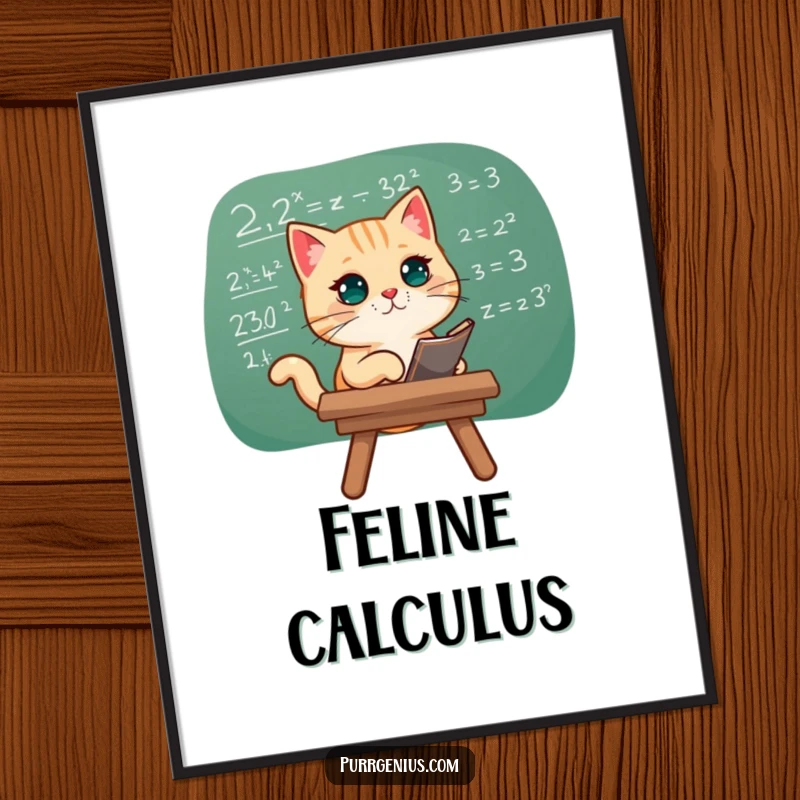 Funny digital art print of a cat engrossed in a complex chalkboard equation, symbolizing intellect and curiosity.