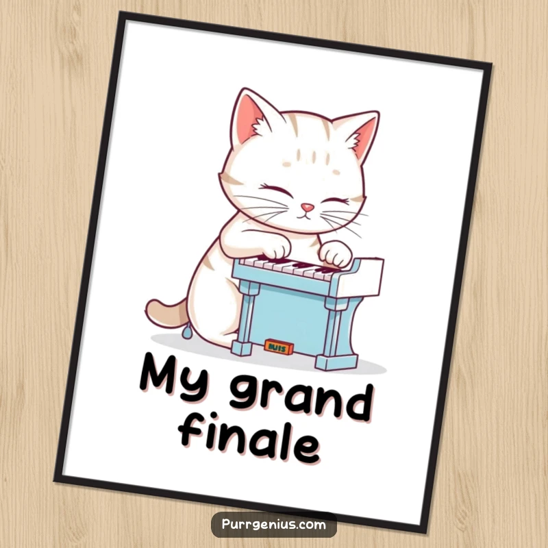 Funny cat playing a tiny intricate piano, presented as downloadable digital art, a humorous and artistic gift.