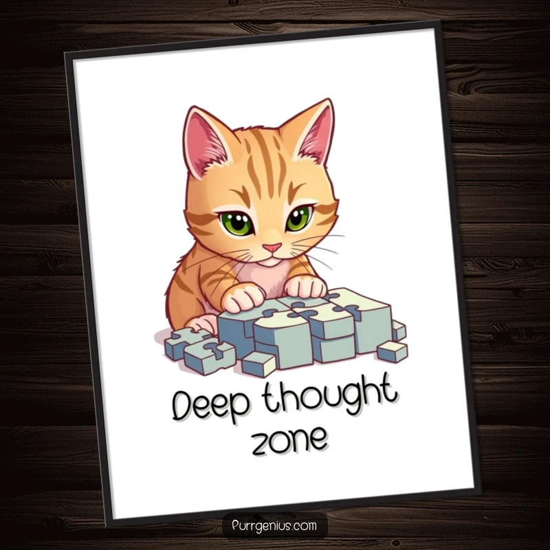 Funny digital art print of a cat laser-focused on solving a complicated puzzle, adding character and humor to any digital display.