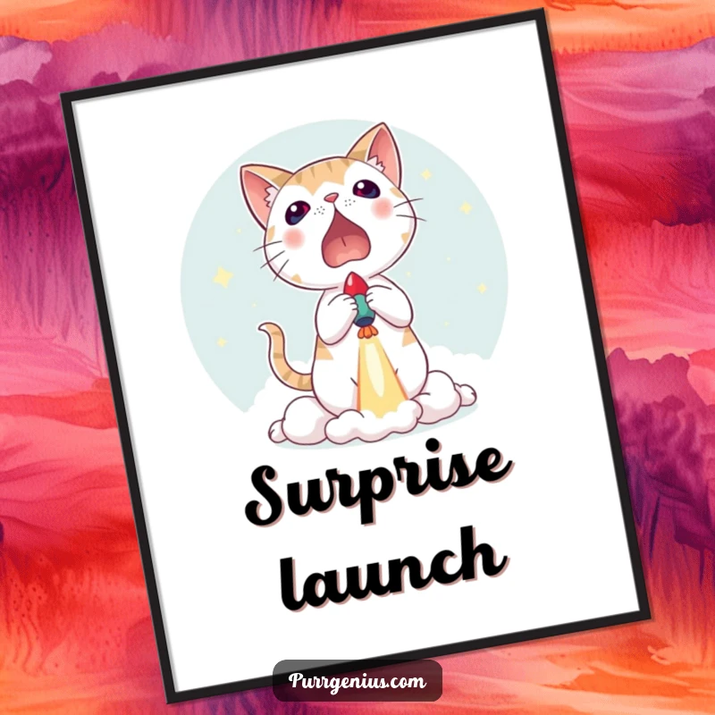 Funny digital art print of a cat looking utterly surprised as a small rocket launches, adding a humorous and energetic touch to decor.