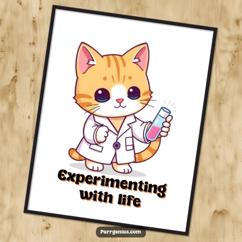 Funny cat scientist in a lab coat with a test tube, creatively designed for instant, humorous digital art prints.