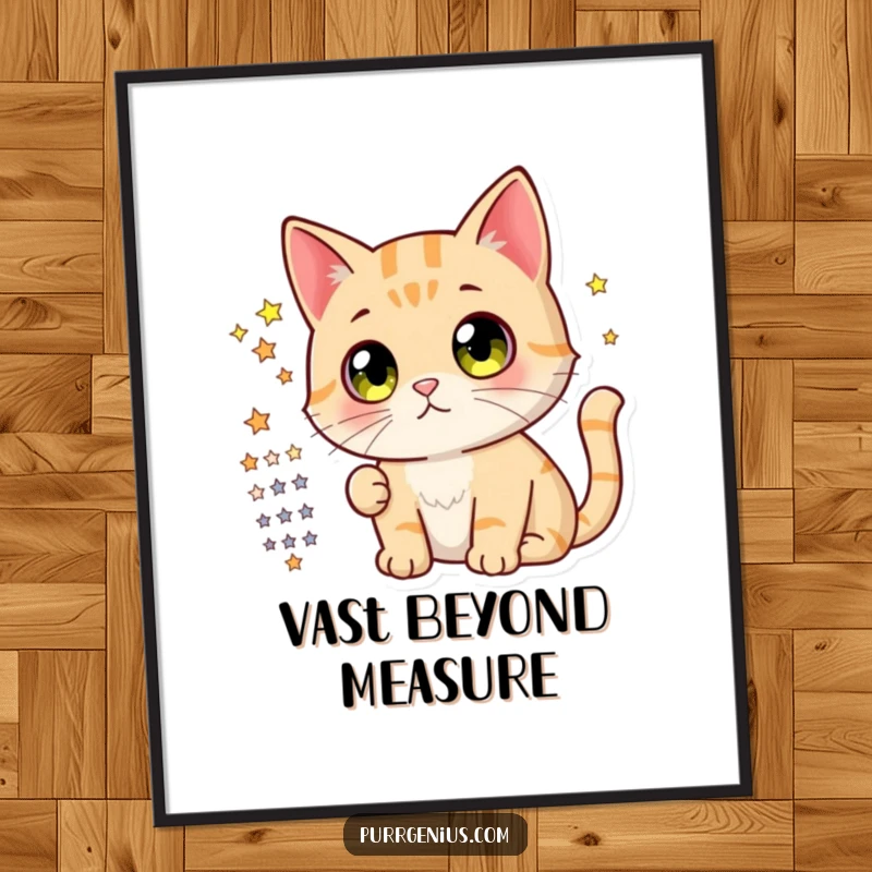 Funny digital art print of a cute cat with large, curious eyes, intently studying a star chart, perfect for whimsical wall decor.