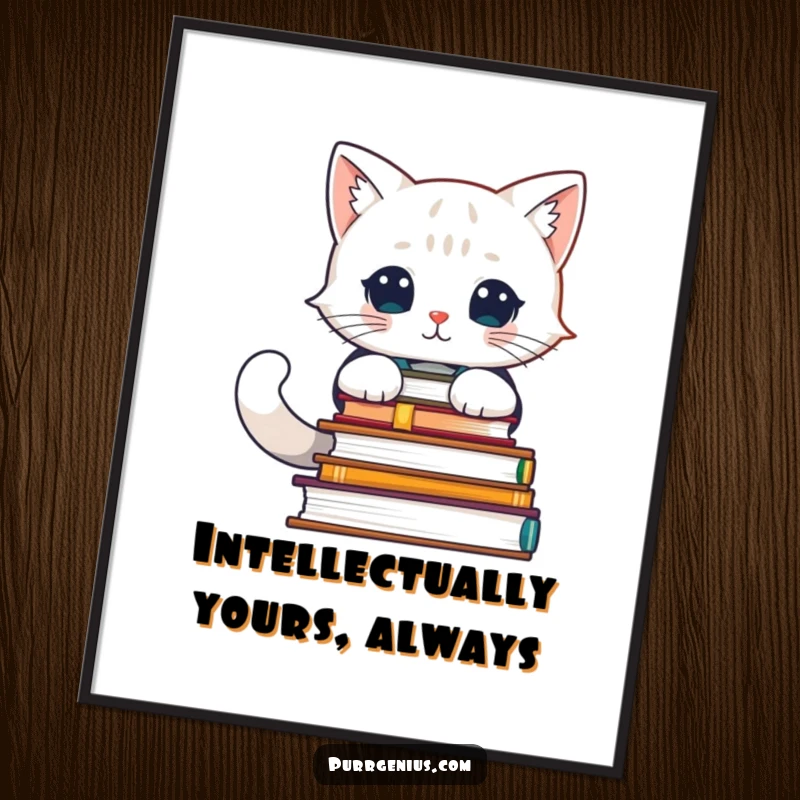 Funny digital art print of a wise cat character buried in advanced scholarly books, ideal for intellectual decor.