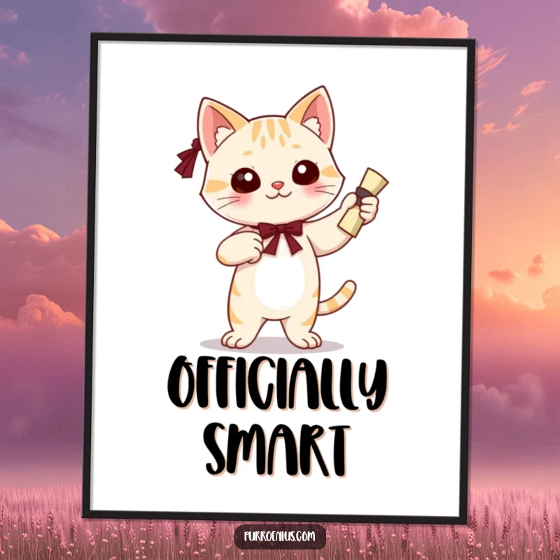 Funny digital art print of a confident cat character holding a diploma, perfect for adding academic pride decor.