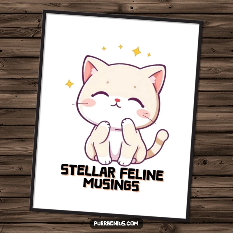 Funny Kawaii cat in a thinking pose looking at a constellation, printable digital art, showcasing humor and wonder.