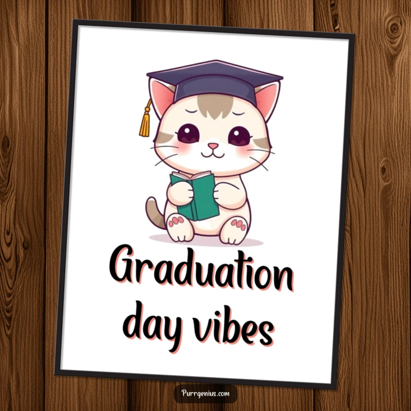 Funny kawaii cat wearing a graduation cap and holding a tiny book, available as a downloadable digital art print.