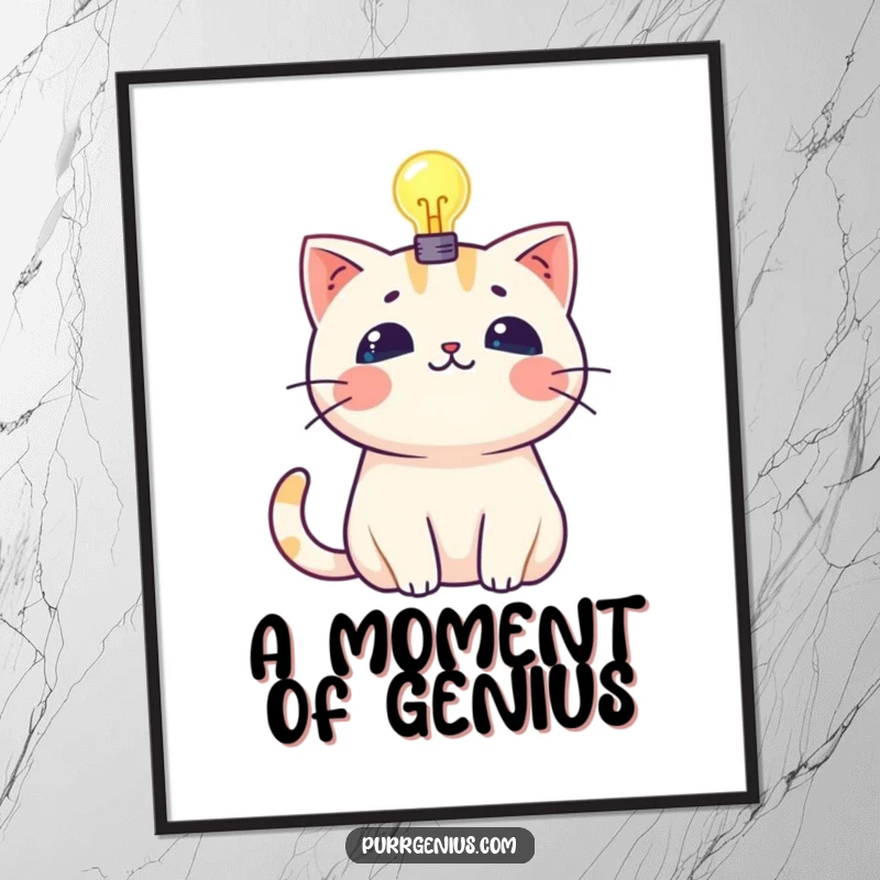 Funny kawaii cat with a glowing lightbulb above its head, available as a downloadable digital art print.