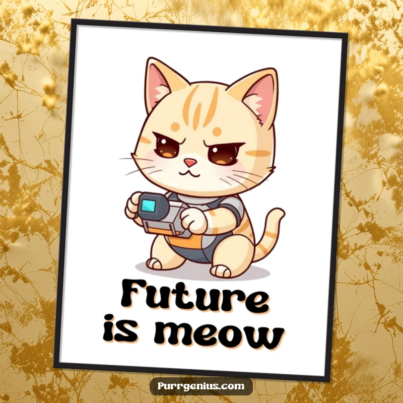 Funny Kawaii cat intently operating a small robot, printable digital art, showcasing humor and determination for wall decor.