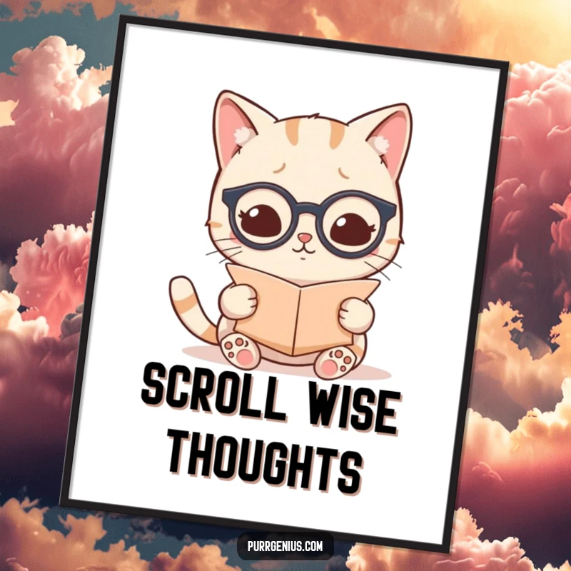 Funny kawaii cat wearing tiny spectacles and reading a scroll, available as a downloadable digital art print.