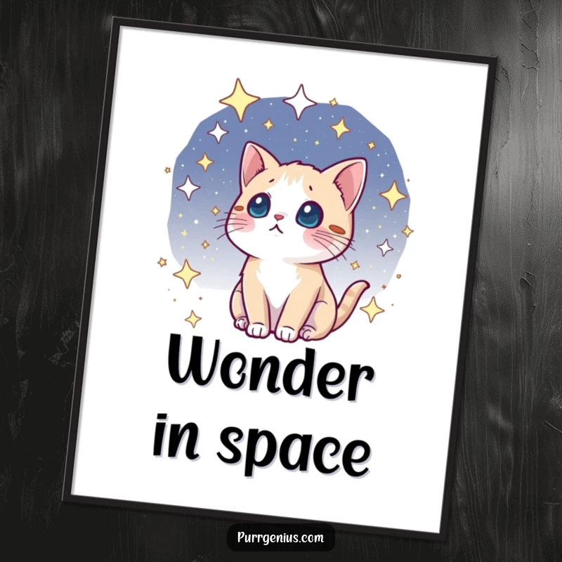 Funny kawaii cosmic cat digital art print, gazing with wonder at a starry cosmos, high-resolution, instant download.