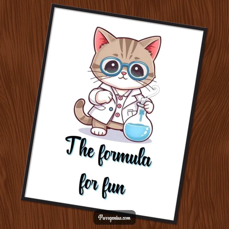 Funny digital art print of a cat character in a lab coat, stirring a bubbling beaker, ideal for wall decor.