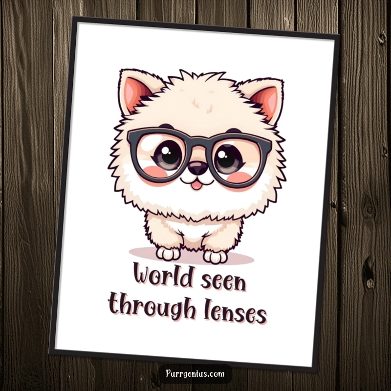 Funny digital art print of a fluffy animal with oversized spectacles, ideal for intelligent and humorous wall decor.