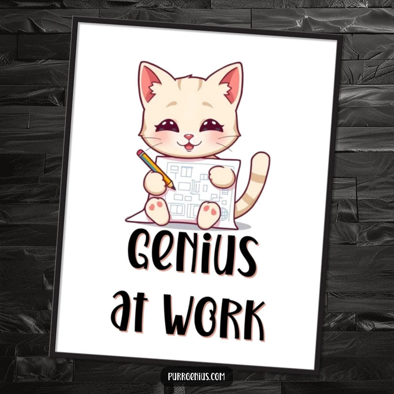 Funny Blueprint Cat Digital Art Print, downloadable art of a pleased cat drawing a blueprint, adding creative humor.