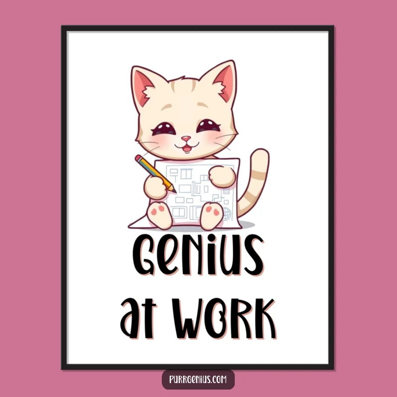 Funny Blueprint Cat Digital Art Print Instant Download of Genius Feline Design