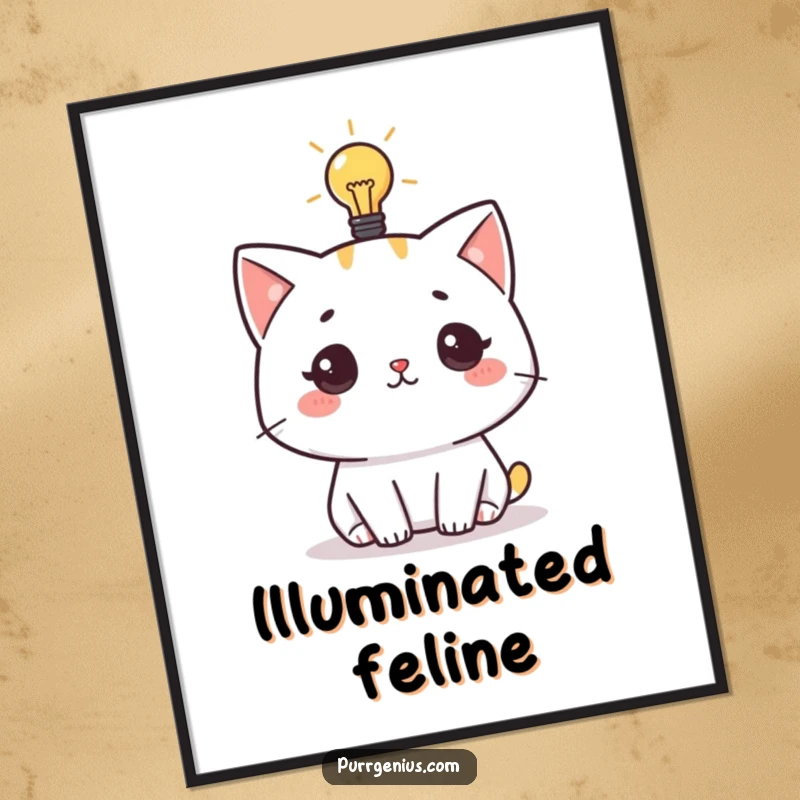 Funny digital art print of a cute cat character with a glowing lightbulb, symbolizing creativity, inspiration, and bright ideas.