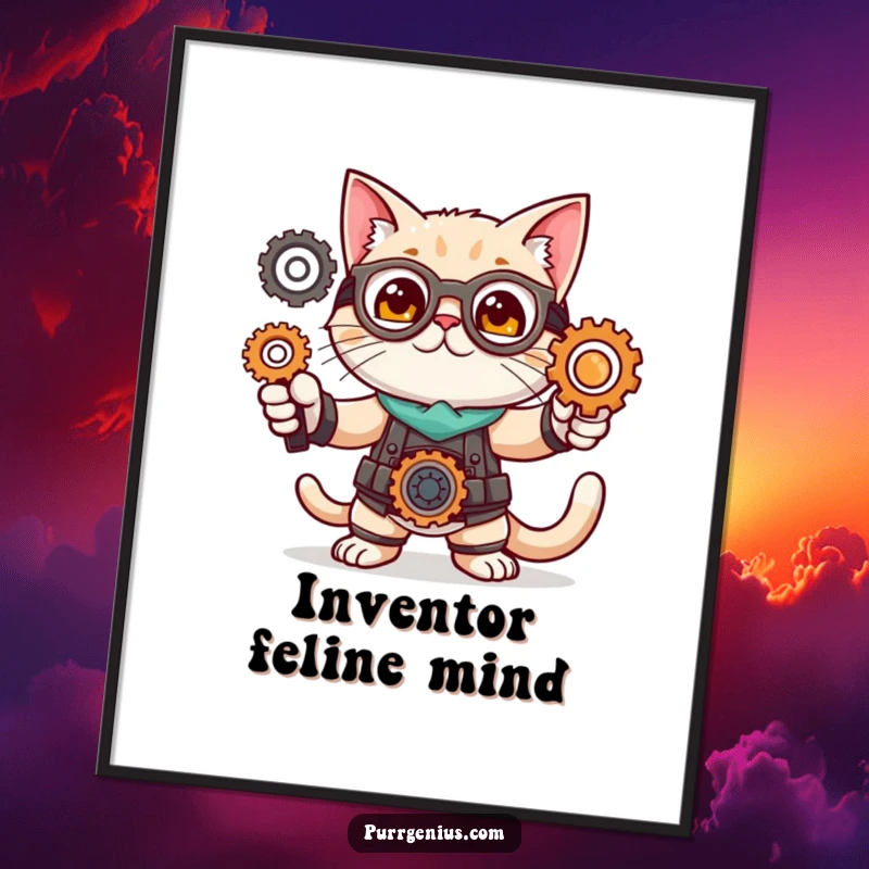 Funny digital art print of a cute cat character in an inventor pose with gears, symbolizing creativity, ingenuity, and mechanical design.