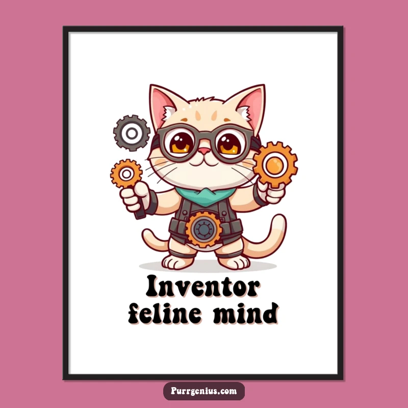Funny Cat Inventor Digital Art: Feline Pose Gears Print