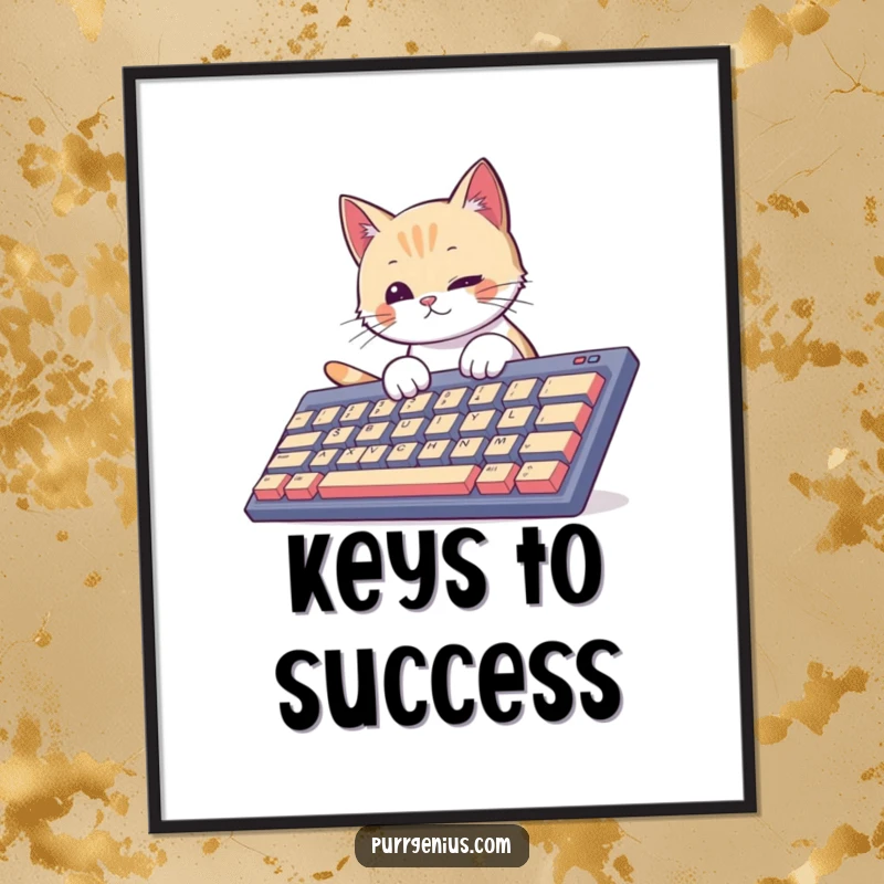 Funny curious cat typing on a massive keyboard, looking inspired. This digital art print adds tech humor to any room.