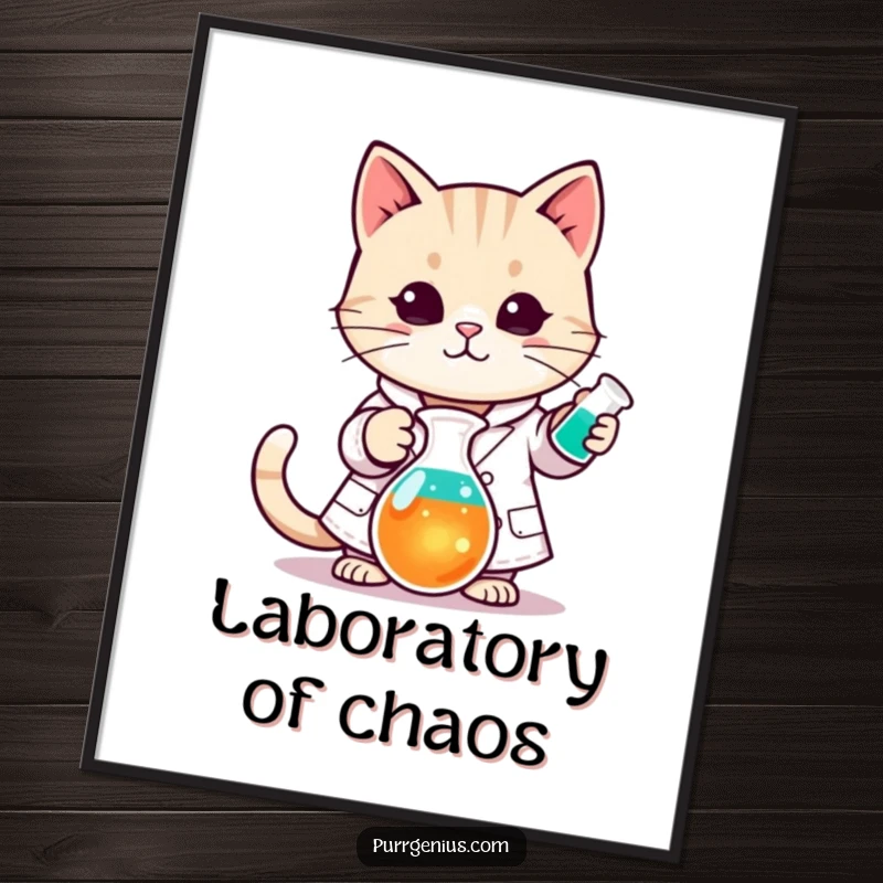 Funny Kawaii cat in a lab coat stirring a colorful beaker, printable digital art, showcasing humor and scientific flair.