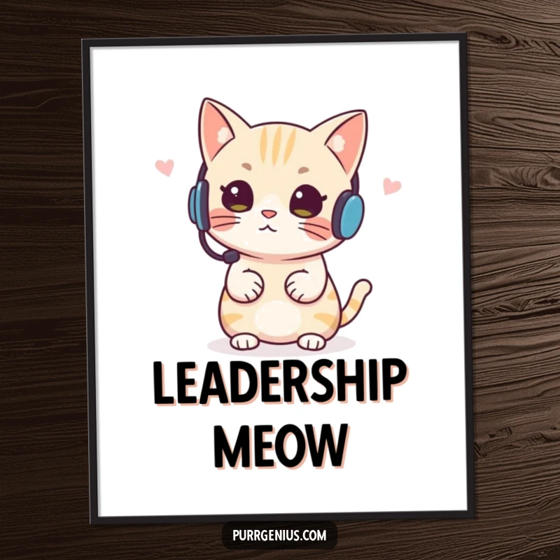 Funny Headset Cat Digital Art Print, downloadable art of a cat wearing a headset giving instructions, adding humorous authority.