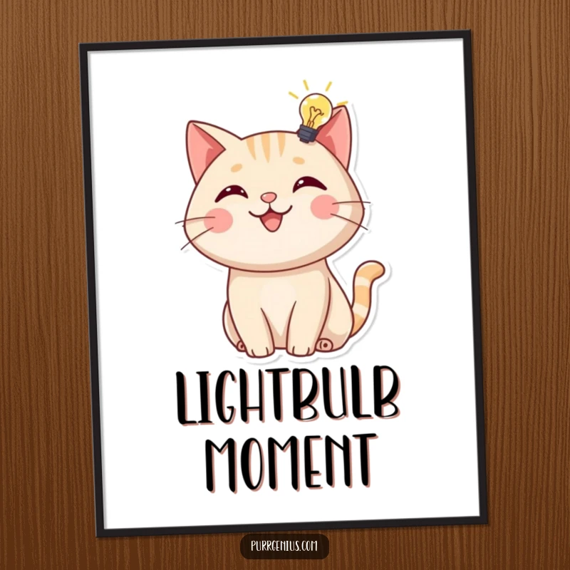 Funny Digital Art Print: A cheerful cat with a bright lightbulb overhead, symbolizing inspiration and wit in a downloadable format.
