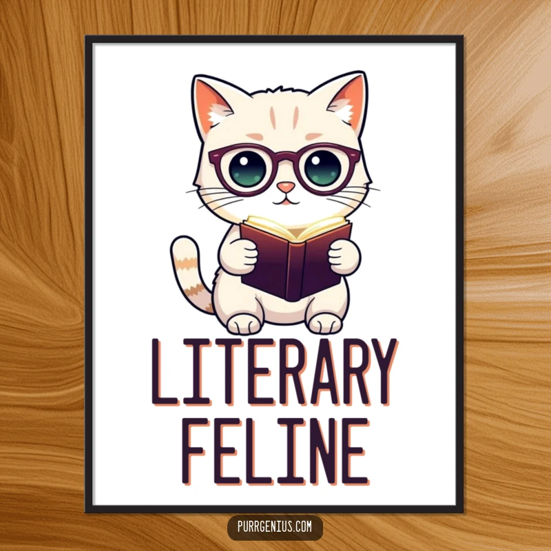 Funny digital art print of a cute cat character in spectacles holding a glowing book, perfect for adding a touch of scholarly whimsy.