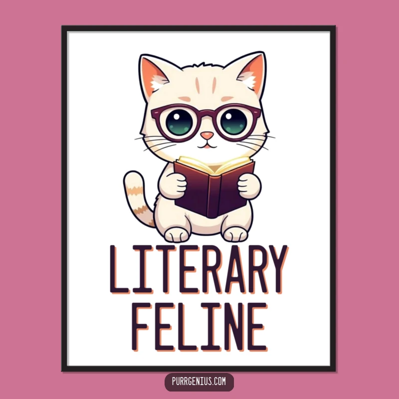 Funny Cat Scholar Digital Art: Cute Feline Spectacles Glowing Book Print