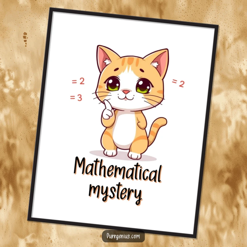 Funny digital art print of a cute cat character dramatically pointing at a complex equation, symbolizing mathematical prowess and intellectual curiosity.