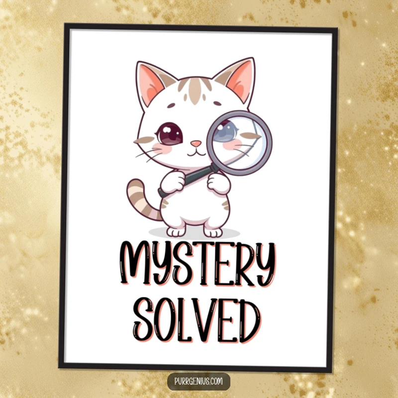Funny Cat Digital Art Print: High-quality artwork of a clever cat holding a magnifying glass, examining intently, perfect for instant download.