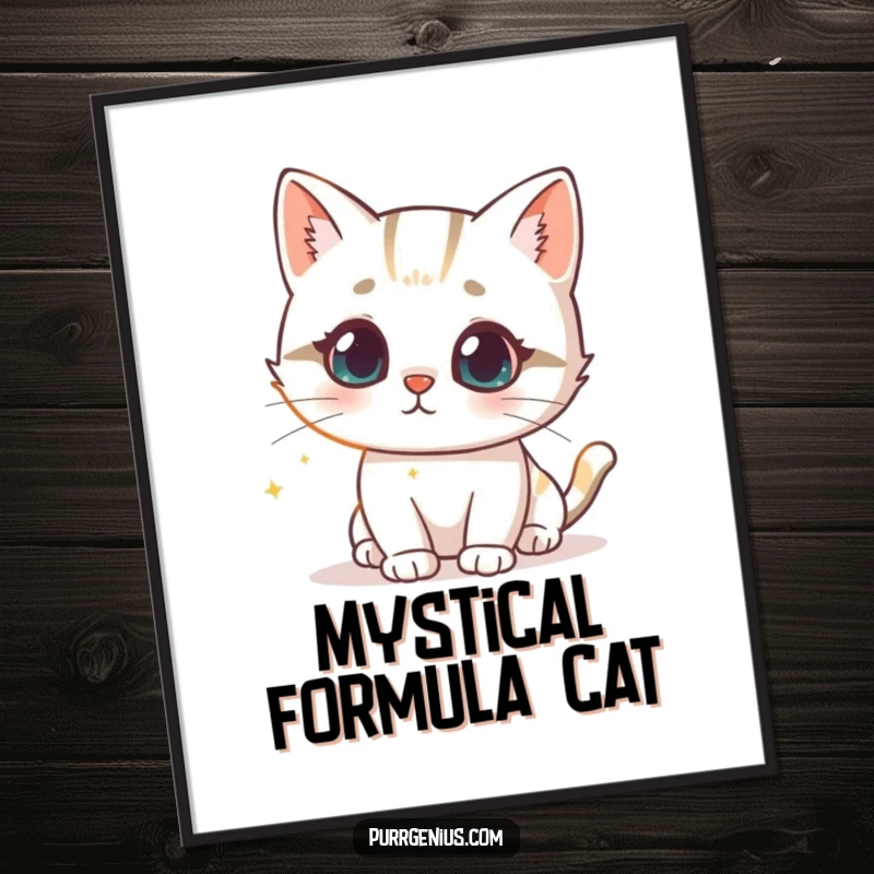 Funny digital art print of a cute cat character intrigued by a glowing scientific formula, symbolizing scientific curiosity and intellectual fascination.