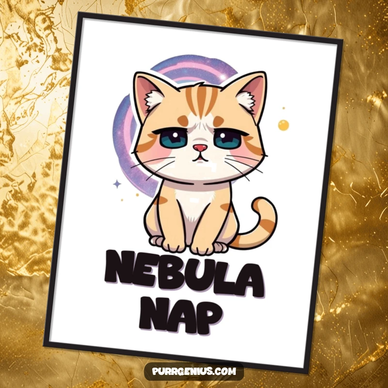 Funny cat with a furrowed brow pondering a swirling galaxy. This digital art print brings cosmic wonder and humor.