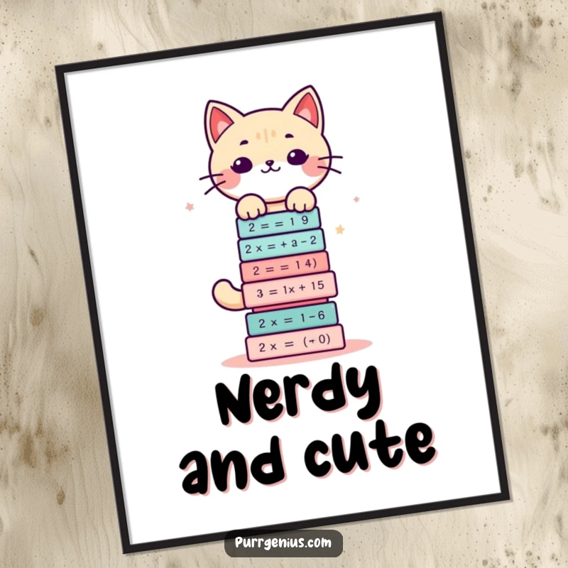 Funny digital art print of a cute kawaii cat character balancing a stack of complex math equations, looking smart.