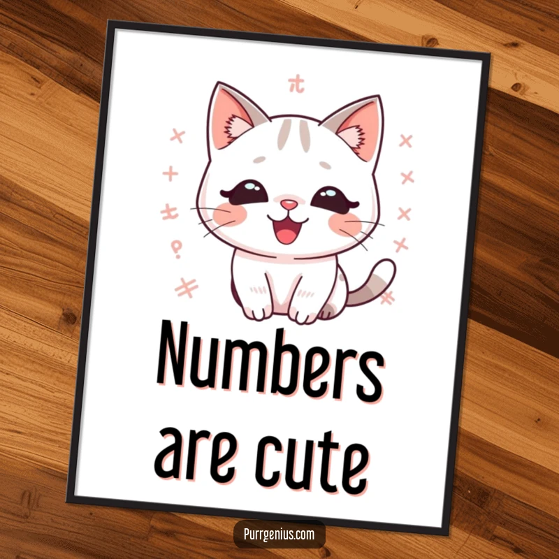 Funny kawaii math cat digital art print, delighted expression, surrounded by floating equations, high-resolution, instant download.