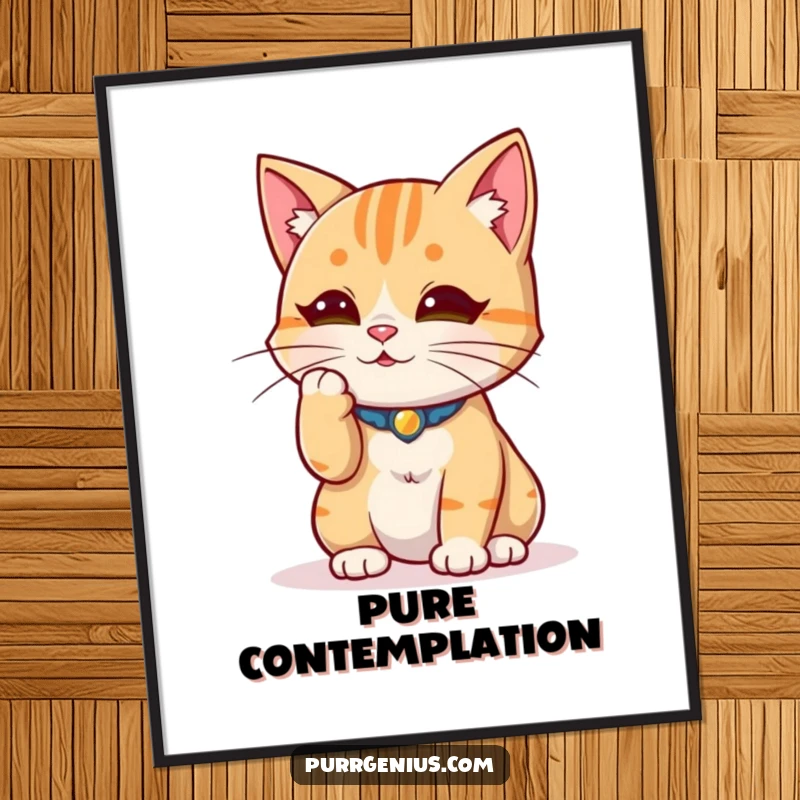 Funny wise cat character contemplating by stroking its whisker, perfect for instant, humorous digital art prints.