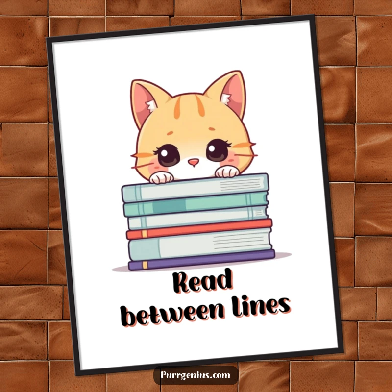 Funny Cat Book Digital Art: Curious cat peeking from behind oversized books, printable art for literary-themed decor.
