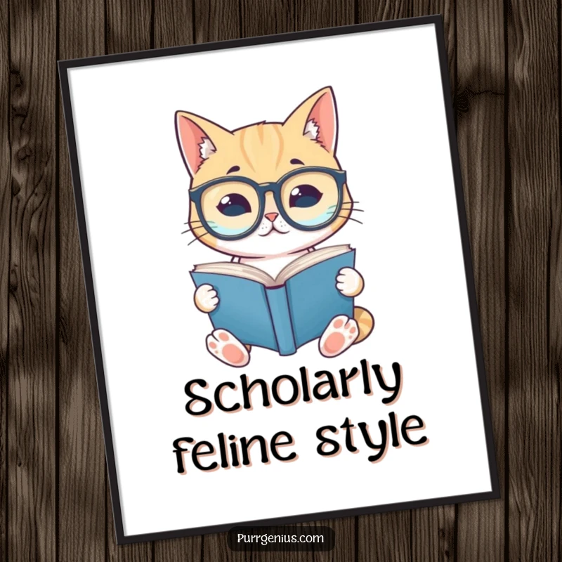 Funny digital art print of a cat wearing oversized spectacles, engrossed in reading a book, ideal for instant literary-themed home decor.