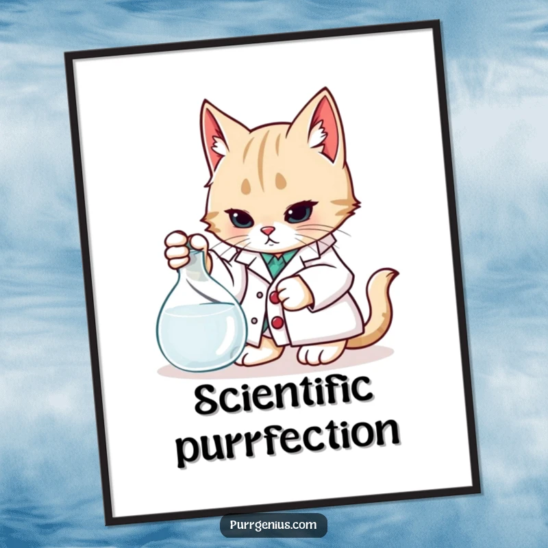 Funny Digital Art Print: A cat in a lab coat examines a beaker, symbolizing scientific inquiry with playful humor.
