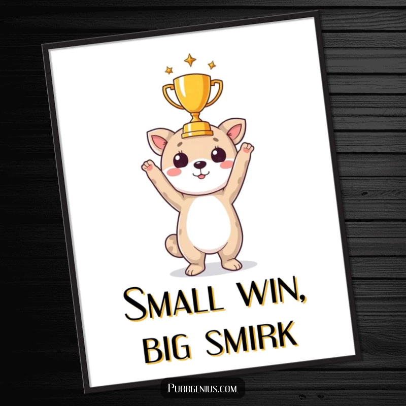 Funny digital art print of a cheerful animal holding a small trophy aloft, perfect for celebratory decor.