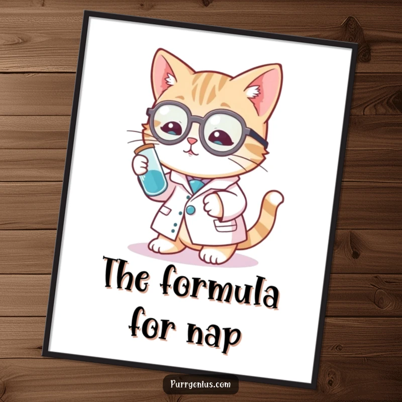 Funny cat scientist digital art print of a cat in a lab coat with a test tube, ready to be printed and framed.