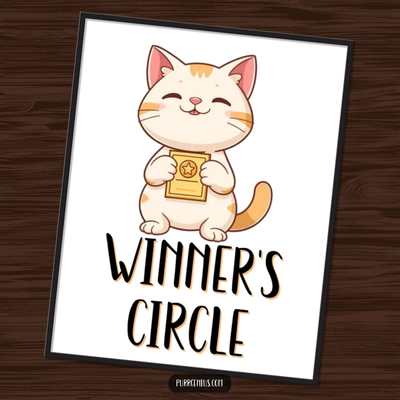 Funny Digital Art Print: A proud cat presenting a tiny award, symbolizing achievement and celebration in a downloadable art format.