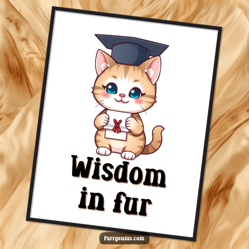 Funny Digital Art Print: A smiling cat wearing a graduation cap and holding a diploma, symbolizing achievement with humor.