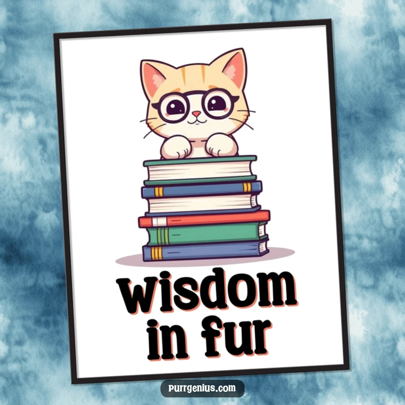 Funny digital art print of a cute cat balancing a tall stack of science books, symbolizing effort and humor for wall decor.