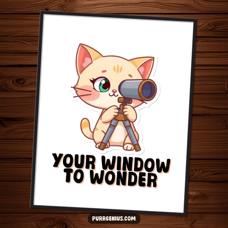 Funny digital art print of a curious cat using a telescope, perfect for adding cosmic wonder to decor.