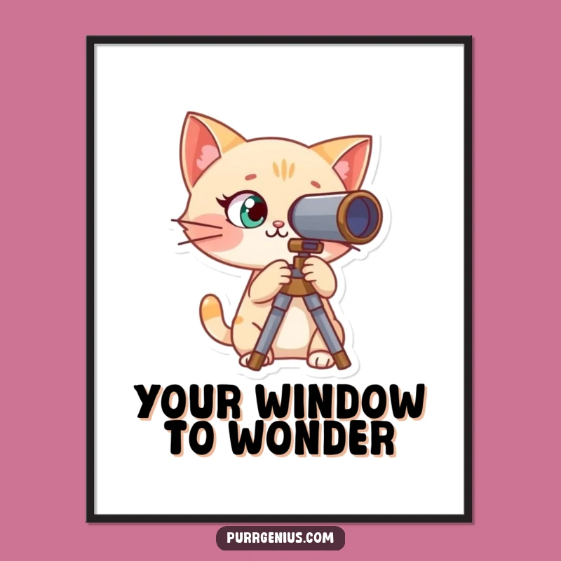 Funny Curious Cat Telescope Digital Art: Cosmic Wall Decor