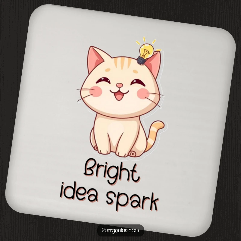 Funny Drink Coaster: A cheerful cat with a glowing lightbulb, offering humorous protection for your surfaces and a reminder of bright ideas.