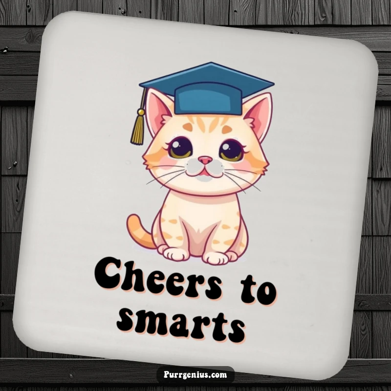 Funny drink coasters depicting a cat wearing a graduation cap, perfect for celebrating academic achievements.