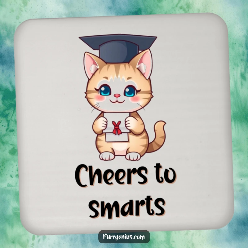 Funny Coaster: A smiling cat in a graduation cap humorously guards your surfaces with diploma-inspired charm.
