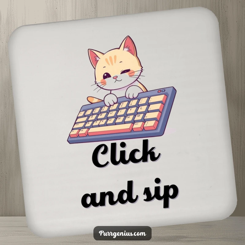Funny curious cat tapping a giant keyboard, protecting your table. This coaster brings tech humor home.