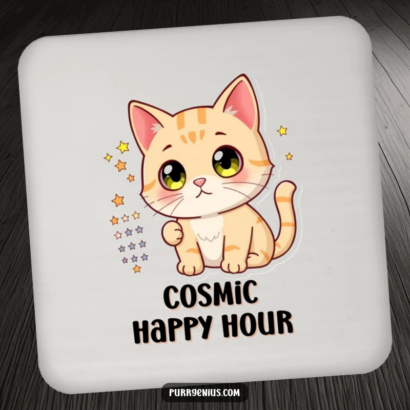 Funny drink coaster with a cute cat with wide, curious eyes looking at a star chart, a humorous addition to any table.