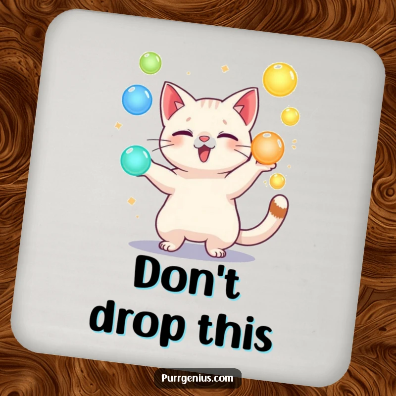 Funny drink coaster with a playful cat character juggling glowing orbs, perfect for surface protection with a magical touch.